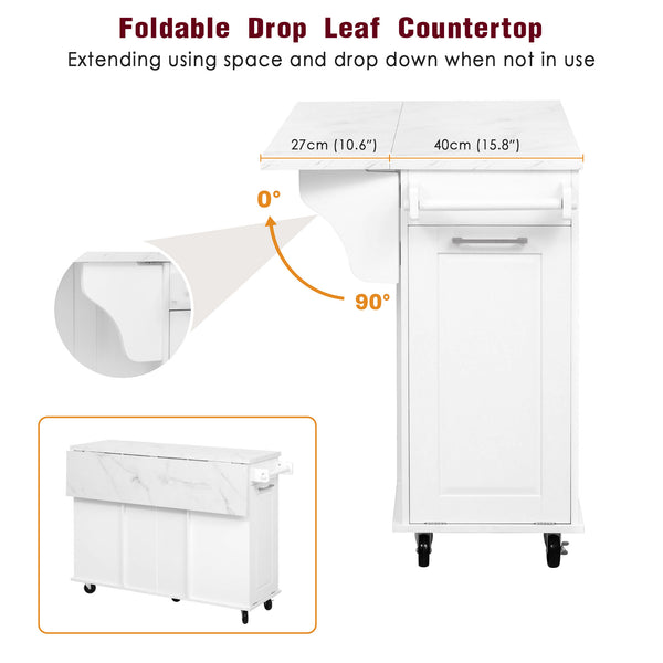 English Elm K&K Vintage Convex Kitchen Island Cart with Faux Marble Top, Tilt Trash, Pull-Out Organizer, Wheels White N707P299008W