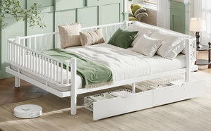 English Elm Queen Storage Platform Bed Low Profile Metal Frame with Built-in Drawers for Small Spaces Light White W5305P471354