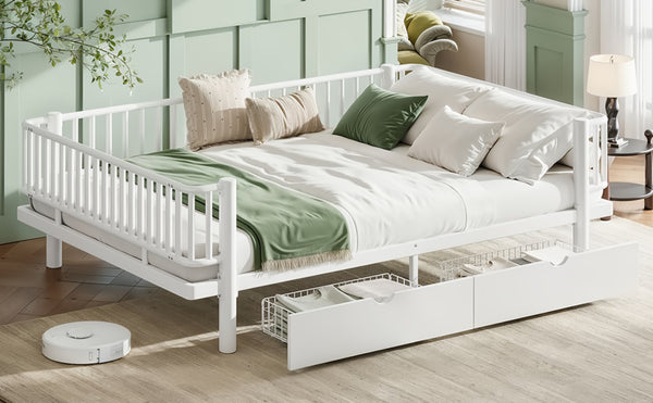 English Elm Queen Storage Platform Bed Low Profile Metal Frame with Built-in Drawers for Small Spaces Light White W5305P471354