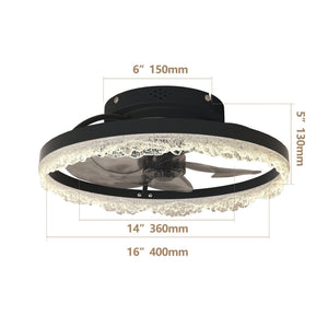 English Elm 16" Modern LED Ceiling Fan Light with Crystal Acrylic Ring, Hidden Blades, Remote & App Control, Dimmable Flush Mount Black W2312P368707