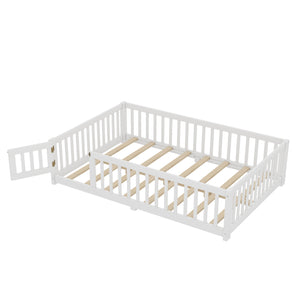 English Elm Full Floor Bed with Safety Guardrails and Play Door for Kids, Low Profile Pine Frame, 550lb Capacity White W1580P338950