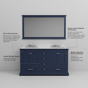 English Elm Navy Blue Double Bath Vanity With Carrara Marble Top, Soft-Close Drawers & 58" Mirrored Finish B2731S00658