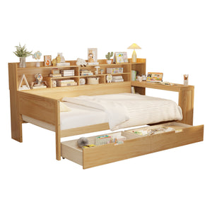 English Elm Wooden Twin Daybed with Built-In Desk, Side Shelves and Dual Drawers for Smart Space Saving Natural 54.9 L x 18.75 W x 5.6 H N733S241484M