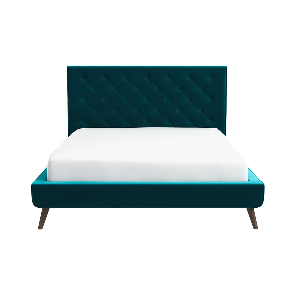 English Elm Ashcroft Furniture - Dillon Blue Velvet Platform Bed Queen with Button Tufted Headboard, Mid-Century Tapered Legs, No Box Spring Needed B183S00162