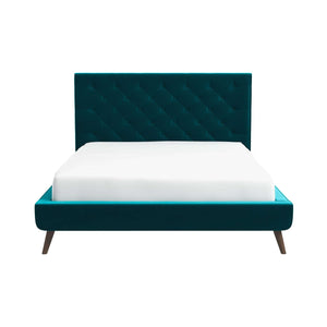 English Elm Ashcroft Furniture - Dillon Blue Velvet Platform Bed Queen with Button Tufted Headboard, Mid-Century Tapered Legs, No Box Spring Needed B183S00162