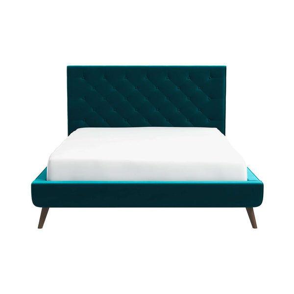 English Elm Ashcroft Furniture - Dillon Blue Velvet Platform Bed Queen with Button Tufted Headboard, Mid-Century Tapered Legs, No Box Spring Needed B183S00162