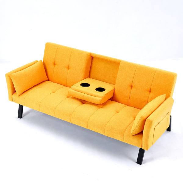 English Elm 70-inch Foldable Cotton Linen Sofa Bed with Cup Holder & Side Storage, Space-Saving 2-Seater Design Yellow W3371P337202