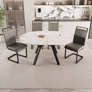 English Elm 47-63" Expandable Round Dining Set Mdf White Top Faux Leather Chairs for 6 Grey+White W3732S00064