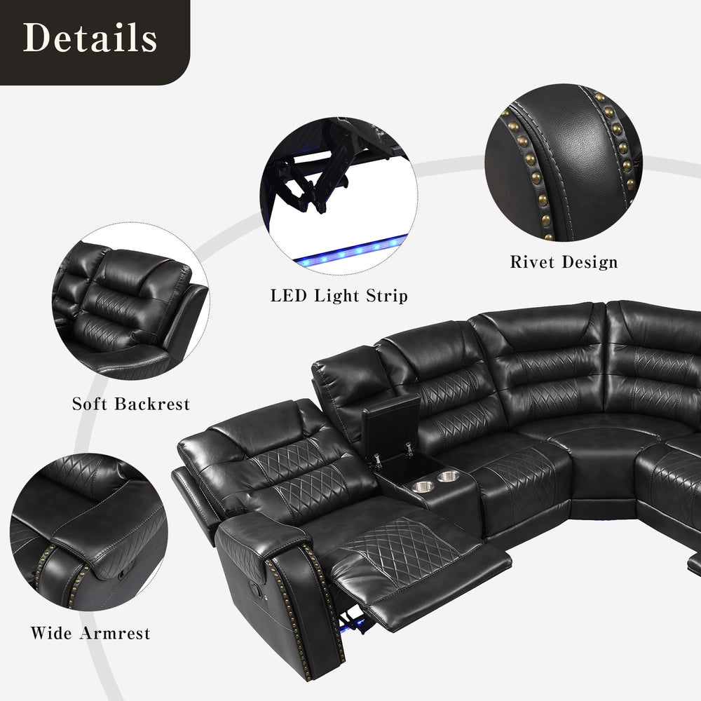 English Elm 113.5" Manual Reclining Sectional Sofa Set L-Shaped Symmetrical Motion Couch with LED Strip, 4 Cup Holders, Storage Boxes and Durable PU Leather Frame Black N719S001150B