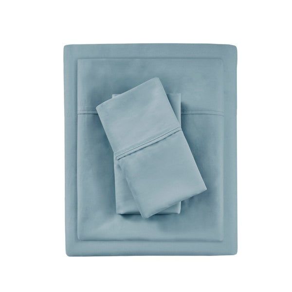 English Elm 4-piece Queen Sateen Cotton Blend Sheet Set for Cool Breathable Sleep Year Round Blue B035P437437