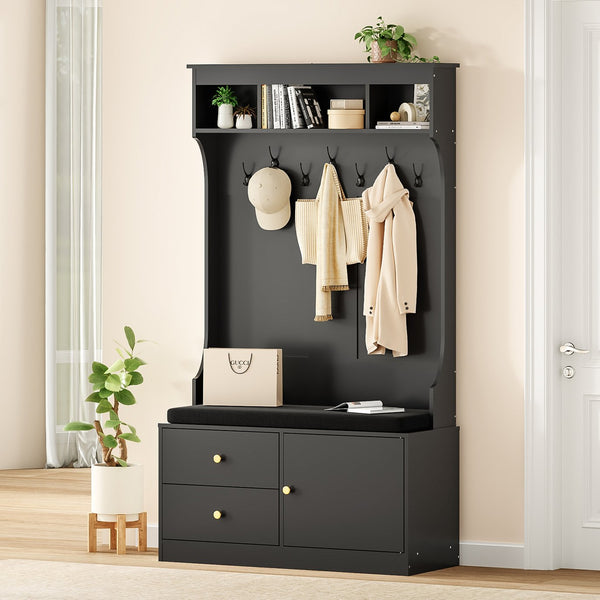 English Elm Hall Tree 6-in-1 Entryway Organizer with Bench, 7 Hooks, Shoe Storage & Drawers, 450 lb Seat Capacity T3623P380719