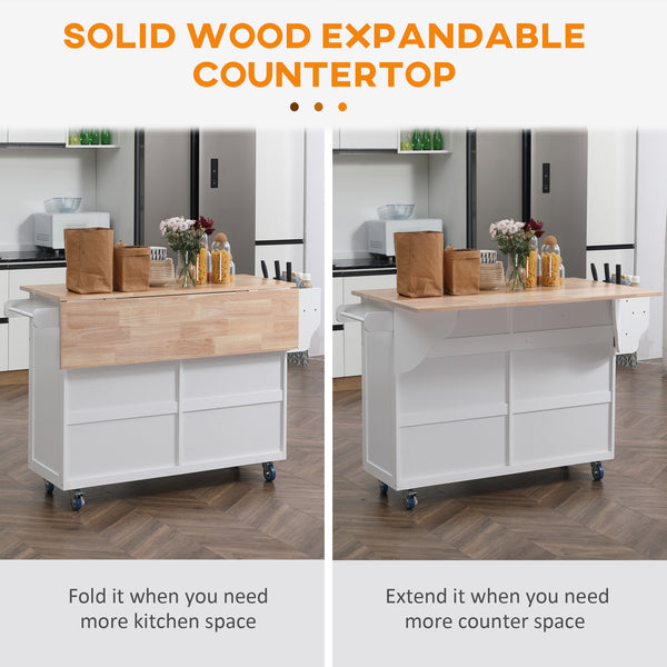 English Elm Homcom Versatile Rolling Kitchen Island With Drop Leaf Bar, Ample Storage, Spice Rack, White Finish W2225S00061