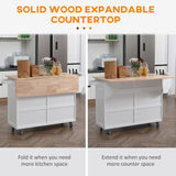 English Elm Homcom Rolling Kitchen Island On Wheels, Kitchen Cart With Solid Wood Drop Leaf Breakfast Bar, Storage Drawers, 4-Door Cabinets, Spice Rack, White