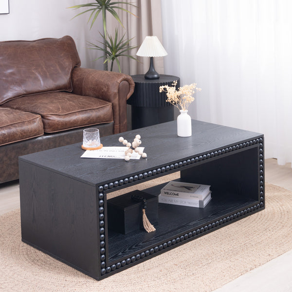 English Elm Black Beaded Edge Coffee Table | 47.6" Rectangular Matte Black Center Table with Open Shelf, Farmhouse Charm and Durable Crafted Trim W2729P309448