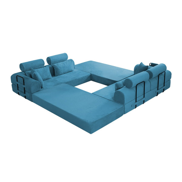 English Elm L Shaped Corduroy Sectional Sofa Converts to Sleeper Bed Space Saving Modular Couch Sky Blue W5532S00009