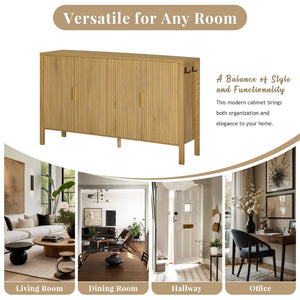 English Elm U_style Striped Four Door Sideboard Mdf Buffet Cabinet with Adjustable Shelves for Dining Natural N711P345170O
