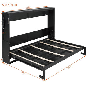 English Elm Queen-size Murphy Wall Bed with Led Ambient Lighting Usb Outlet and Graphic Panel Black LP000357AAB