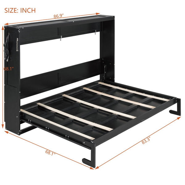 English Elm Queen-size Murphy Wall Bed with Led Ambient Lighting Usb Outlet and Graphic Panel Black LP000357AAB