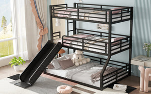 English Elm Twin Bunk Bed With Slide - Metal Triple Bunk For Kids, Heavy-Duty, Noise-Reduced, Safety Guardrails W1580S00173-GIGA