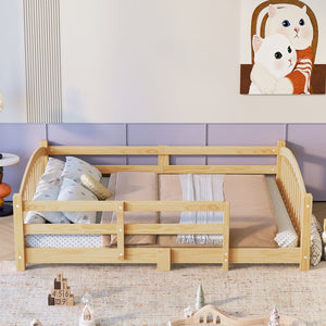 English Elm Full Montessori Pine Wood Floor Bed with Safety Rails Low Profile Kids Room Frame Natural N733P400299N