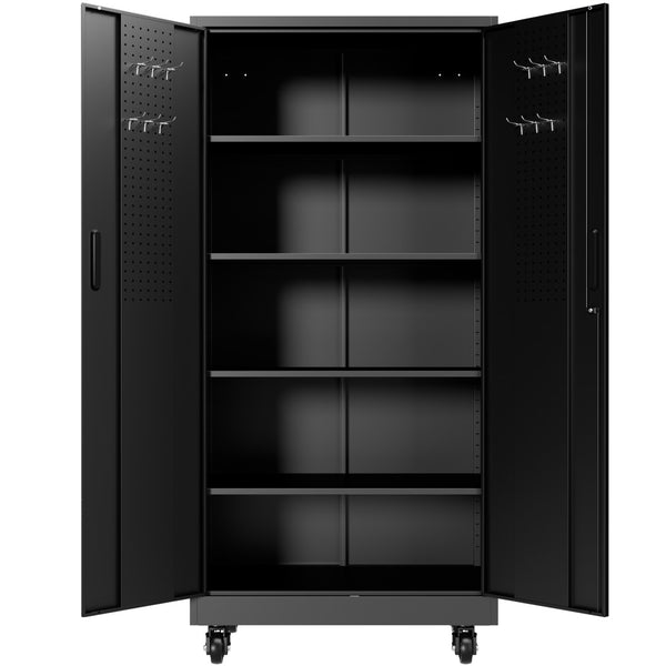 English Elm Heavy Steel Garage Cabinet with Pegboard Doors Locking Wheels and Adjustable Shelving T2398P465997