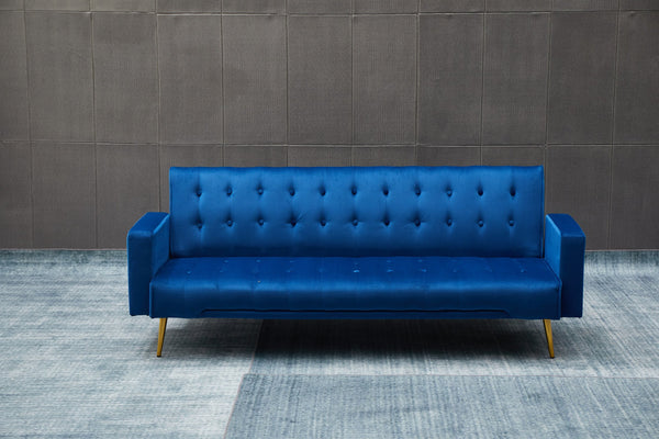 English Elm SOFA Velvet Convertible Sofa Bed with Golden Legs, Solid Wood Frame, Compact Design for Small Spaces Dark Blue B205P246427