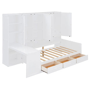 English Elm Twin Size Daybed With Storage Drawers, Desk & Shelves - Stylish Space-Saving Furniture In White N820S00054K-GIGA