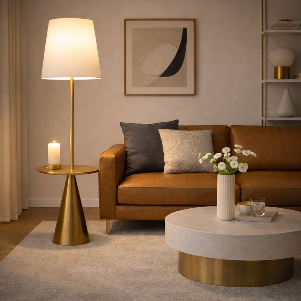 English Elm Celestial Brass Accent Table Floor Lamp with Wide White Shade for Living Rooms B183P231750