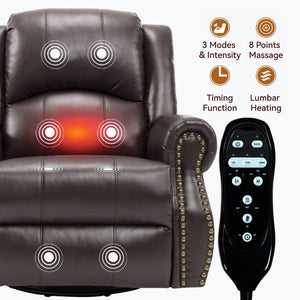 English Elm Heat Massage Rocker Swivel Recliner Chair with Lumbar Relief Nodes for Living Room Brown W3224S00031