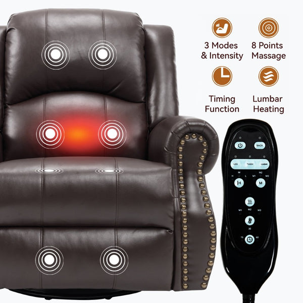 English Elm Heat Massage Rocker Swivel Recliner Chair with Lumbar Relief Nodes for Living Room Brown W3224S00031