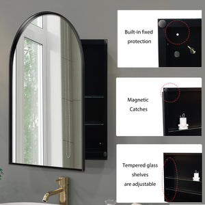 English Elm 24x36 Arched Recessed Medicine Cabinet with Mirror and Adjustable Shelves, Sleek Metal Frame Bathroom Storage Matte Black W1435P182919