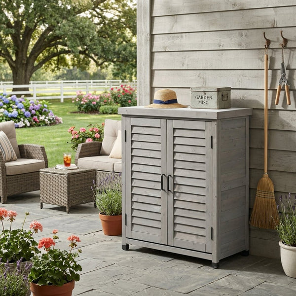 English Elm Potting Bench Solid Wood Workstation with Metal Top Louvered Cabinet Outdoor Garden Grey W2640P228394