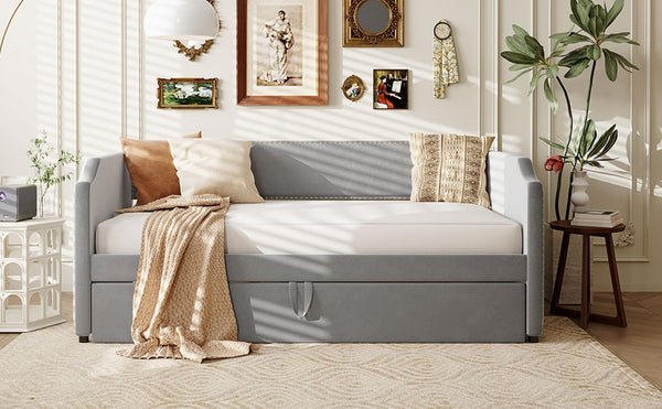 English Elm Twin Velvet Upholstered Daybed with Pop up Trundle for Guest or Kids Rooms Gray SF000197AAE