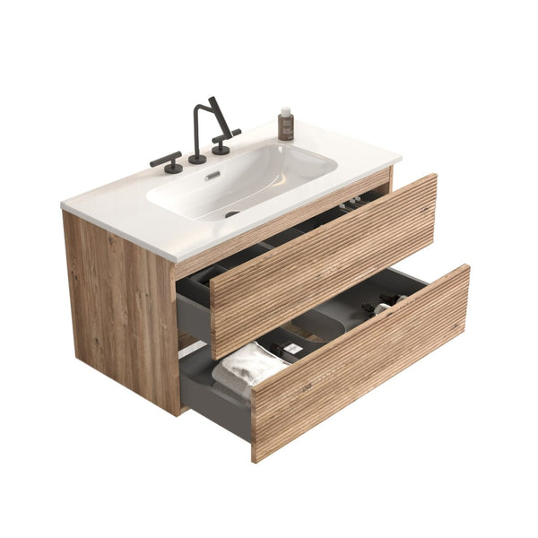 English Elm Galan Freestanding Bathroom Vanity Quartz Basin Fluted Wood Cabinet Modern Bath W1865S00197