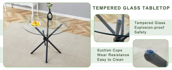 English Elm A Round Tempered Glass Dining Table with Sculptural Black Metal Legs for Modern Spaces W1151P411356