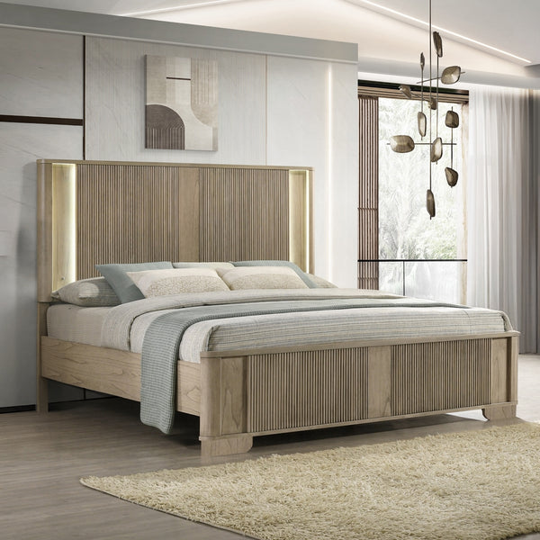 English Elm 1pc Transitional Queen Bed with Reeded Panels and Built-In LED Headboard in Antique Finish, Solid Wood Oak 66 L x 37 W x 7 H B2741S00744