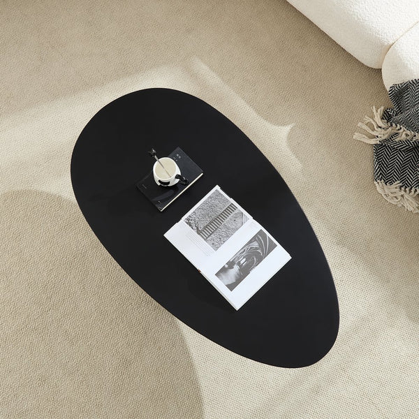 English Elm 47.27" Lucky Stone Oval CoffeeTable with Sculptural Stacked Pebble Base, Minimalist Fiberglass Centerpiece Black W2664S00046