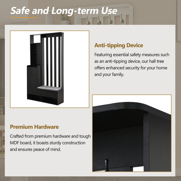 English Elm ON-TREND Hall Tree with Pegboard, Cushioned Bench, Drawer & Hooks for Organized Entryway Storage Black N721P179243B