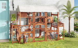English Elm Large Pine Wood Catio Outdoor Cat Enclosure with Wire Mesh and Dual Plant Stands Brown N704G201617P