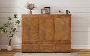 English Elm Queen Murphy Cabinet Bed Pine Wood Geometric Panels Usb Charging Guest Room Storage W504S00303