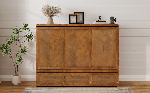 English Elm Queen Murphy Cabinet Bed Pine Wood Geometric Panels Usb Charging Guest Room Storage W504S00303