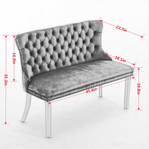 English Elm Velvet Wingback Dining Bench Tufted Two Seat Mid Century Modern Brushed Steel Base Blue W1143P406981