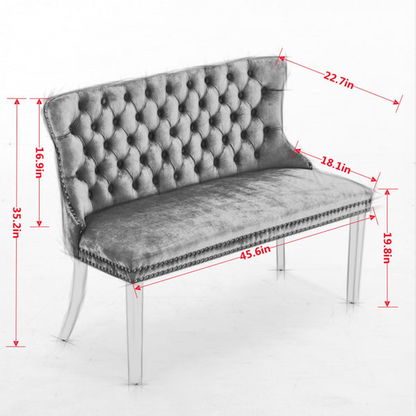 English Elm Velvet Wingback Dining Bench Tufted Two Seat Mid Century Modern Brushed Steel Base Blue W1143P406981