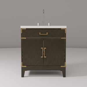English Elm Brown Oak Single Bath Vanity With White Quartz Top, Chrome Faucet & Smart Storage Solution B2731P259760