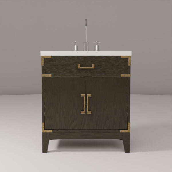English Elm Brown Oak Single Bath Vanity With White Quartz Top, Chrome Faucet & Smart Storage Solution B2731P259760