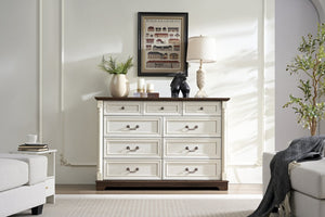 English Elm 8 Drawer Farmhouse Chest Distressed Two-tone Wood Grain Finish Antique Hardware W2393P252368