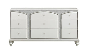 English Elm Maverick Platinum Finish Dresser with 9 Drawers, Crystal Knobs, Rhinestone Inlay, Felt Top Drawer - Luxurious Storage Silver 70.5 L x 20.5 W x 34 H B2726P247644