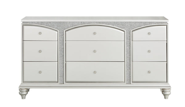 English Elm Maverick Platinum Finish Dresser with 9 Drawers, Crystal Knobs, Rhinestone Inlay, Felt Top Drawer - Luxurious Storage Silver 70.5 L x 20.5 W x 34 H B2726P247644