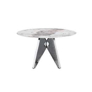 English Elm 53" Round Marble Dining Table - Sleek White Sintered Stone & Silver Stainless Base For 6 People Dining W1535S00461