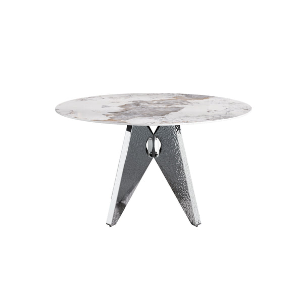 English Elm 53" Round Marble Dining Table - Sleek White Sintered Stone & Silver Stainless Base For 6 People Dining W1535S00461